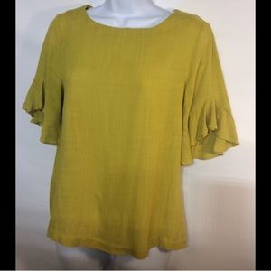 ESLEY Mustard Chartreuse Yellow Boho Crew Neck Flutter Short Sleeve Top S EUC